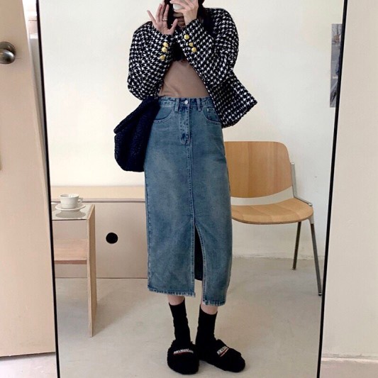 高腰A字开叉牛仔半身裙